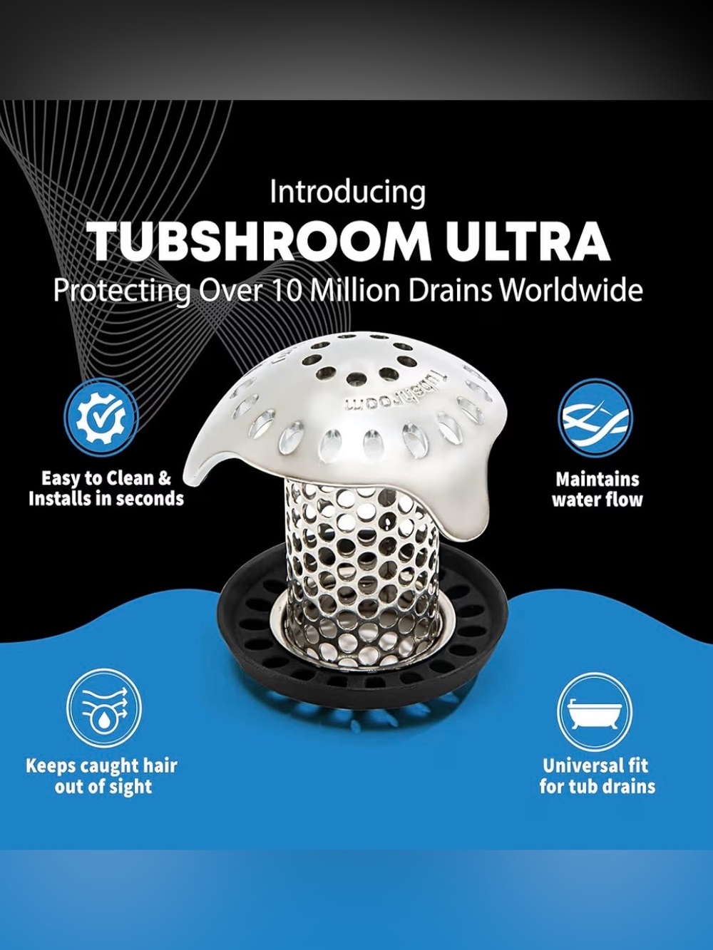 TubShroom Ultra Stainless Steel & Black Silicone Tub Drain Protector